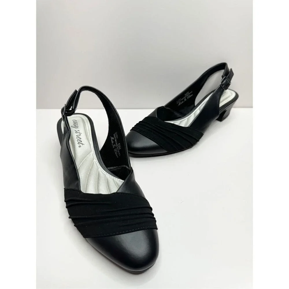 Easy Street Black Slingback Pumps‎ Pleated Low Block Heel Shoes 6.5